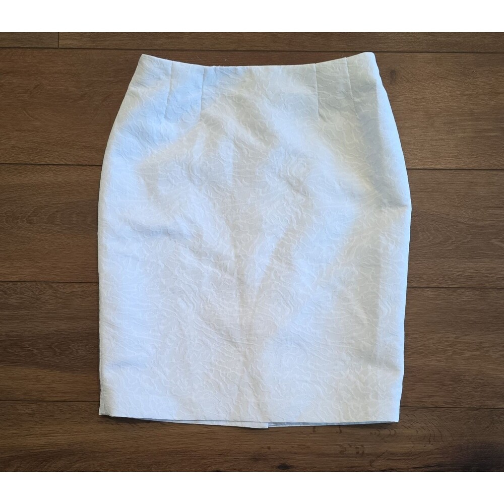 Le Suit Pencil Jacquard Skirt Womens 2P Petite White Lined Slit Knee Length